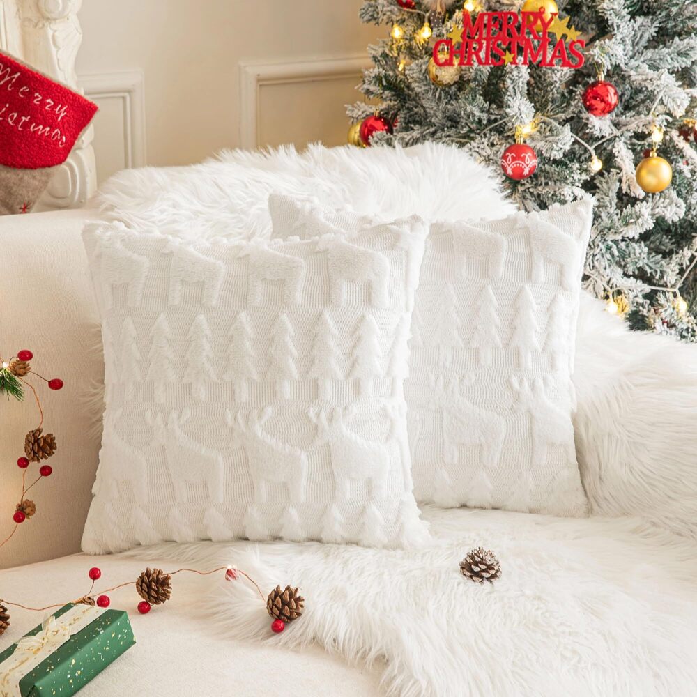 1989 Set of 2 Christmas Elk Throw Pillow Covers 18x18 Inch, Soft Faux Fur